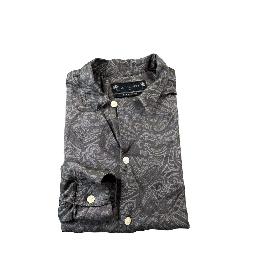 Allsaints Gray Purple Geometric Viscose L/S Loop Collar Mens Button Front Size M